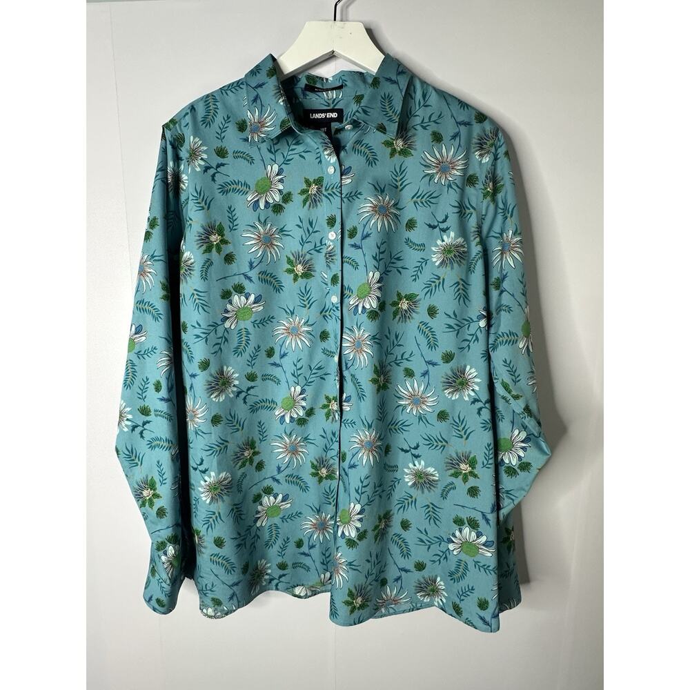 Lands End No-Iron Supima 100%‎ Cotton Button Up Top Size 18 Tall 18T Blue Floral